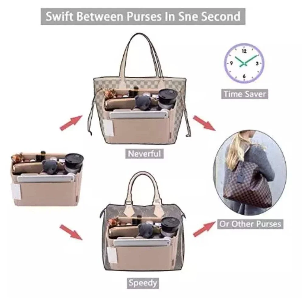 Felt Tote Organizer Insert with Zipper Pouch, 12-Pocket Handbag Organizer